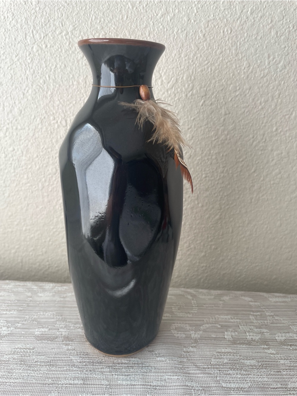 Black Ceramic Decorative Vase with Feather Accent sing FRP 86 9.25 inch